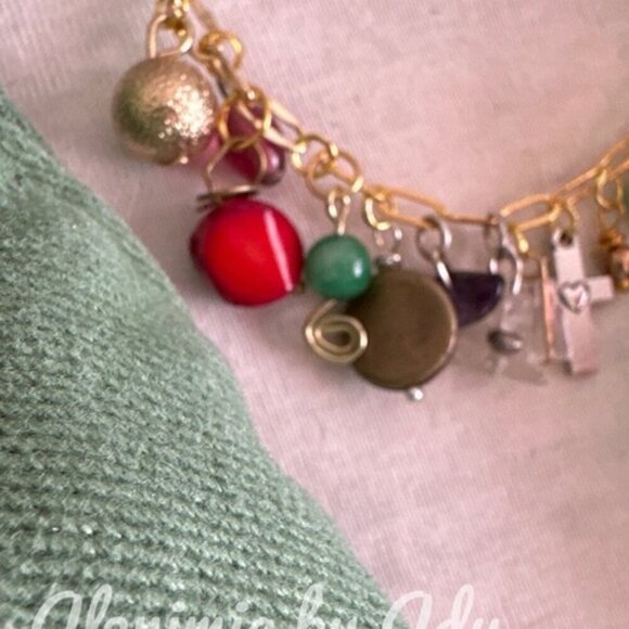 Vintage coral hearts multi stone multi charms gold adjustable necklace - Picture 2 of 8